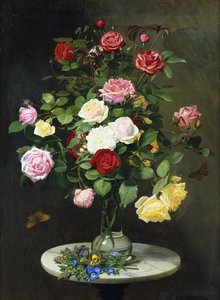 Ruusukimppu lasimaljakossa, Wild Flowers marmoripöydällä, 1882