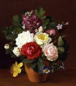 Kesäkukkien asetelma. Otto Didrik Ottesenin (1816-1892) maalaus Yksityiskokoelma.
