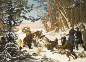 Tsarevitš Aleksander Nikolajevitš karhunmetsästyksessä Moskovan laitamilla, 1843 tekijältä Otto Grashof