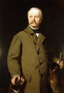 Muotokuva Otto von Bismarckista metsästysvaatteissa koiransa ja kuolleen fasaanin kanssa, 1897 tekijältä Otto Johann Heinrich Heyden