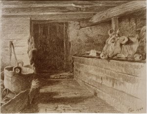 Lehmän navetan sisätilat tekijältä Otto Keitel