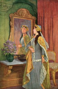 "Peili, peili seinällä, kuka on kaunein heistä?", kuvitus Grimm-sadusta "Lumikki ja seitsemän kääpiötä", n. 1900 (värilitho)