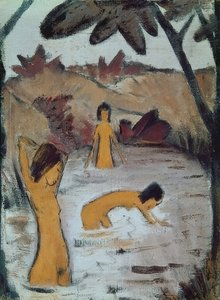 Kolme uimaria lammessa. Noin 1912