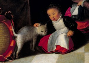Taiteilija ja hänen perheensä Kissaa ja lasta edustava yksityiskohta. Octavius Van Veenin (1556-1629) maalaus