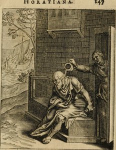 Ksanthippe tyhjentää kammioastiaa Sokrateen päällä. Emblemata Horatiana, 1607