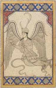 Enkeli, lentävä, kuppi ja viinipullo (muste, väripesu ja kulta paperille) tekijältä Ottoman School