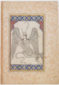 Enkeli, lentävä, kuppi ja viinipullo (muste, väripesu ja kulta paperille) tekijältä Ottoman School