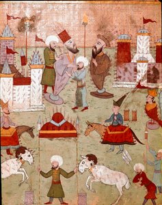 Ottomaanien sulttaani Murad II:n pojan (Murat) (1404-1451) ympärileikkauksen yhteydessä järjestetyt juhlat, ilotulituksen valmistus 1500-luvun Istanbulin pienoismalli, Topkapi Sarayi -museon kirjasto tekijältä Ottoman School