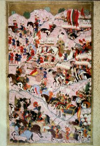 Ottomaanien valtakunta: "" Sulttaani Soliman (Suleyman) Sanoin mahtavan Mohacsin taistelussa 29.8.1526 Unkarin kuningaskunnan armeijaa vastaan, jota komensi kuningas Ludvig II.""" Pienoiskuva Lokmanin "Hunername":stä, vol. 1 (H 1523, f. 256b) 1584 Topkapi  tekijältä Ottoman School