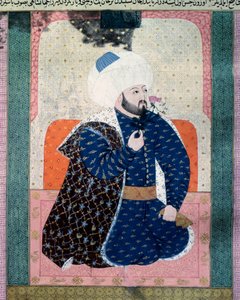 Ottomaanien valtakunnan sulttaani Mehet II (Mehmet II Valloittaja tai Mehmed II Fatih) (1430-1481) Miniatyyri käsikirjoituksesta (Ms. 1973, folio 62a) "Zubdatat-al Tawarikh" (Zubdat al-Tawarikh) ( Creme of Stories), historioitsija Seyyid Loqman As tekijältä Ottoman School