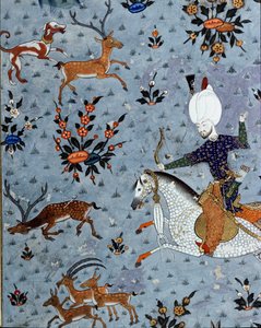 Edustus sulttaani Murad II:n (Murat) (1404-1451) hoviherroista metsästämässä peuroja Yksityiskohta. 1600-luvun miniatyyri. Istanbul, Topkapi Sarayi -museon kirjasto tekijältä Ottoman School