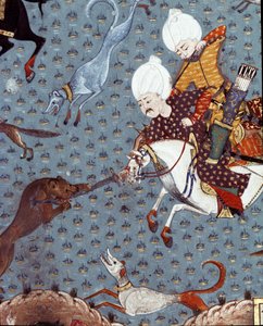 Edustus sulttaani Murad II:n (Murat) (1404-1451) hoviherroista, jotka metsästivät Fawn Detailia. 1600-luvun miniatyyri. Istanbul, Topkapi Sarayi -museon kirjasto tekijältä Ottoman School