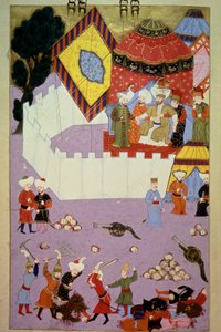 Sulttaani Murad I:n (1326-1389) salamurha serbialaisen ritari Milos Obilic (Kobilic tai Kobilovic) (kuoli 1389) toimesta Kosovon taistelussa sen jälkeen, kun ottomaanit voittivat serbien pienoismallin Lokmanin "Hunername", voi. 1 (H 1523, f.7) 1584 To