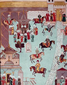 Näkymä Pyhän Irenen (Saint Irene) kirkolle, Serail-portille ja Konstantinopolin sulttaanien palatsille Miniatyyri 1600-luvulta. Topkapi Sarayi Istanbul tekijältä Ottoman School