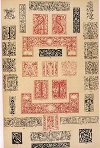 Typografisten koristeiden näytteet 1500-luvun Italiasta ja Ranskasta, julkaisijat Aldine, Giunta ja Stephan, luku XIX, levy XC, julkaisusta "Grammar of Ornament" 1868 (väri litho) tekijältä Owen Jones