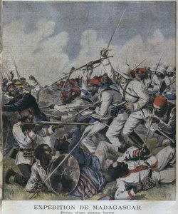 Madagaskarin retkikunta, hova-leirin otto, kuvitus Le Petit Journalista, Supplement illustre, 2. kesäkuuta 1895, kaiverrus Henri Meyer (1844-91)