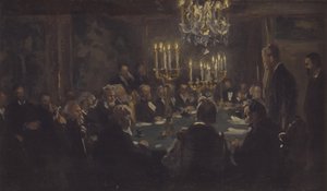 Sävellysluonnos "Kokous tiedeseurassa" tiedeseurassa tekijältä Peder Severin Krøyer