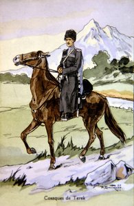 Postikortti, jossa on Terekin kasakka, noin 1914 (värilitografia). tekijältä P. (after) Dmitroff