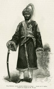 Jang Bahadur (1816-1877), Nepalin pääministeri. P.Sellierin kaiverrus havainnollistamaan tarinaa Voyage au Nepal, tohtori Gustave Le Bon (1841-1931), in le tour du monde 1886, ohjannut Edouard Charton (1807-1890), Hachette, Pariisi. tekijältä P. (after) Sellier