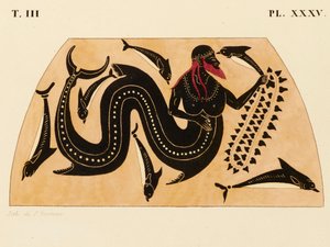 Painos koristeesta kreikkalaiselle amforalle, jossa Poseidon ja delfiinit, n. 1858 (akvarelli ja vartaloväri liton päällä kudottupaperille) tekijältä P. Bineteau
