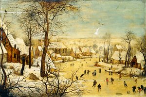 Kylä talvella lintuloukun ja luistelijoiden kanssa jäätyneellä vesiväylällä, tekijältä P. the Younger Brueghel