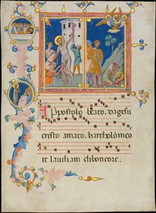 Käsikirjoituslehti, jossa on Pyhän Bartolomeuksen marttyyrikuolema, Laudariosta, n. 1340.