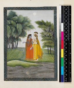 Krishna ja Radha kävelemässä Jumnan vieressä kuunvalossa vaihtaneet vaatteita "Bhagavata puranalta", Kangrasta, Himachal Pradeshista, n. 1820