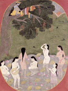 Krishna lehmätyttöjen vaatteissa, Tehri-Garhwal, n. 1820-30