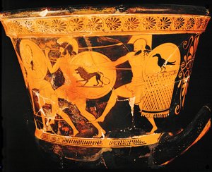 Juoksevia sotureita kilpien ja keihäiden kanssa ... tekijältä Painter Eucharides