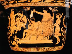 Punahahmoinen kellokraatteri Apuliasta: Apollo puhdistaa Orestesin porsaan verellä ... tekijältä Painter Eumenides