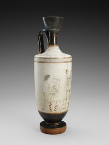 Olkapää Lekythos valkoisella pohjalla, monivärinen maalaus hautajaiskohtauksesta, 450-440 eKr. (terrakotta, valkoinen pohjatyyli) tekijältä Painter Houston