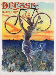 Vintage ranskalainen juliste jumalattaresta polkupyörän kanssa, n. 1898 (väri litho)