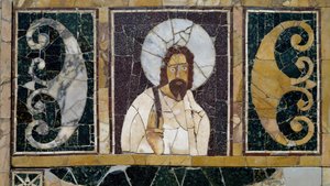 Kristuksen kasvoja kuvaava upotekoristeinen marmori, esine Roomasta, Italiasta, varhaiskristillisyydestä tekijältä Paleo Christian
