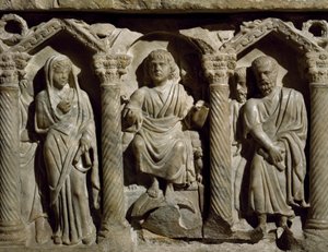 Varhaiskristillinen sarkofagi, joka tunnetaan myös nimellä Blessed Gilesin sarkofagi, marmori, San Bernardinon oratorio, Perugia, Umbria, yksityiskohta, Italia, 4. vuosisata