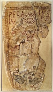 Paleokreetalainen antiikki: "" Esitys askeettimunkista Pelagesta (tai Pelagiuksesta) (350-420)"" Hautausmosaiikki Tunisiasta. Pariisi, Louvre-museo
