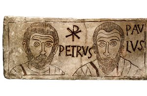 Sarkofagi, joka kuvaa apostoleja Pietaria ja Paavalia, varhaiskristillistä sivilisaatiota