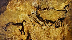Haavoittunut biison, haavoittunut mies ja villasarvikuono, Lascaux (luolamaalaus)