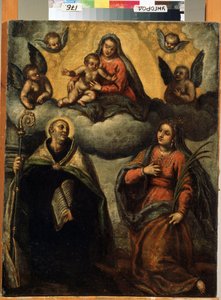 Neitsyt ja lapsi pyhien kanssa. Jacopo Palma il Giovanen maalaus (The Young tekijältä Palma Il  Giovane