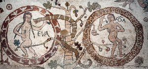 Aadamin ja Eevan kiusaus Mosaiikki Pantaleone, Pappi ja Mosaist. 1163-1166. Otranton katedraalin keskuslaivo (Otranto), Italia tekijältä Pantaleon Pantaleon
