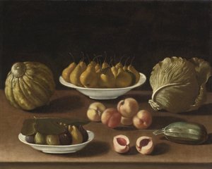Asetelma päärynöillä, persikoilla, viikunoilla, melonilla, kaalilla ja luuytimellä