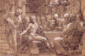 Pyhän Gregorin illallinen, Paolo Farinatin (1524-1606) piirustus, harmaanruskea akvarelli, kynä, valkoinen lyijy ja musta kynä, Italia