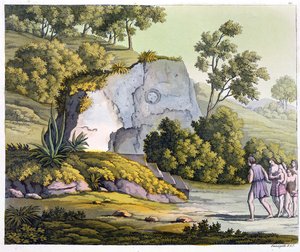 Auringonpyhäkkö, Peru, Jules Ferrarion teoksesta "Le Costume Ancien et Moderne", osa II, levy 20, julkaistu noin 1820-30-luvulla (värikaiverrus)