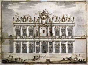 Julkisivun suunnittelu, luultavasti vuoden 1766 "Festa della Chinea" (kynä & ruskea muste ja pesu paperissa) tekijältä Paolo Posi