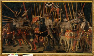 San Romanon taistelu Firenzen ja Sienesen välillä 2.6.1432 (Micheletto da Cotignolan vastahyökkäys). Paolo di Dono dit Uccellon (1397-1475) maalaus 1456 su. 1,8x3,2 m Pariisi, Musee du Louvre. tekijältä Paolo Uccello