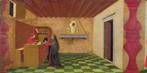 Predella sotajoukon häväistymisestä: kristitty nainen, jonka juutalainen panttilainaaja pakotti lunastamaan viittansa vihittyjen sotajoukon hinnalla, n. 1467-69 (tempera paneelissa) (yksityiskohta) tekijältä Paolo Uccello