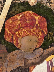 San Romanon taistelu, yksityiskohta Niccolo da Tolentinon (k.1435), firenzeläisten palkkasotureiden johtajan päästä, n.1450-60, tempera taulu paneelilla, yksityiskohta kuvasta 30690. tekijältä Paolo Uccello
