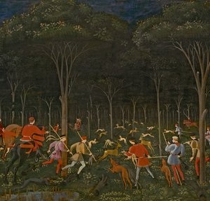 Metsästys metsässä, n.1465-70 öljy paneelille yksityiskohta 100861:stä