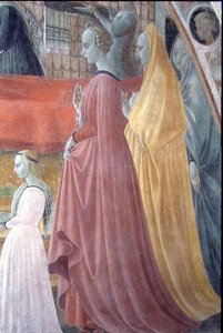 Neitsyt syntymä, yksityiskohta, joka kuvaa lahjoittajaperheen naisia, Neitsyt taivaaseenastumisen kappelista tekijältä Paolo Uccello