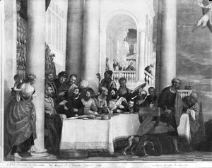 Ateria Simon fariseuksen talossa, yksityiskohta vasemmasta reunasta, 1570 tekijältä Paolo Veronese