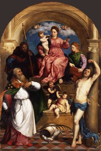 Valtaistuimelle noussut Madonna lapsen ja pyhien kanssa, noin 1530 tekijältä Paris Bordone